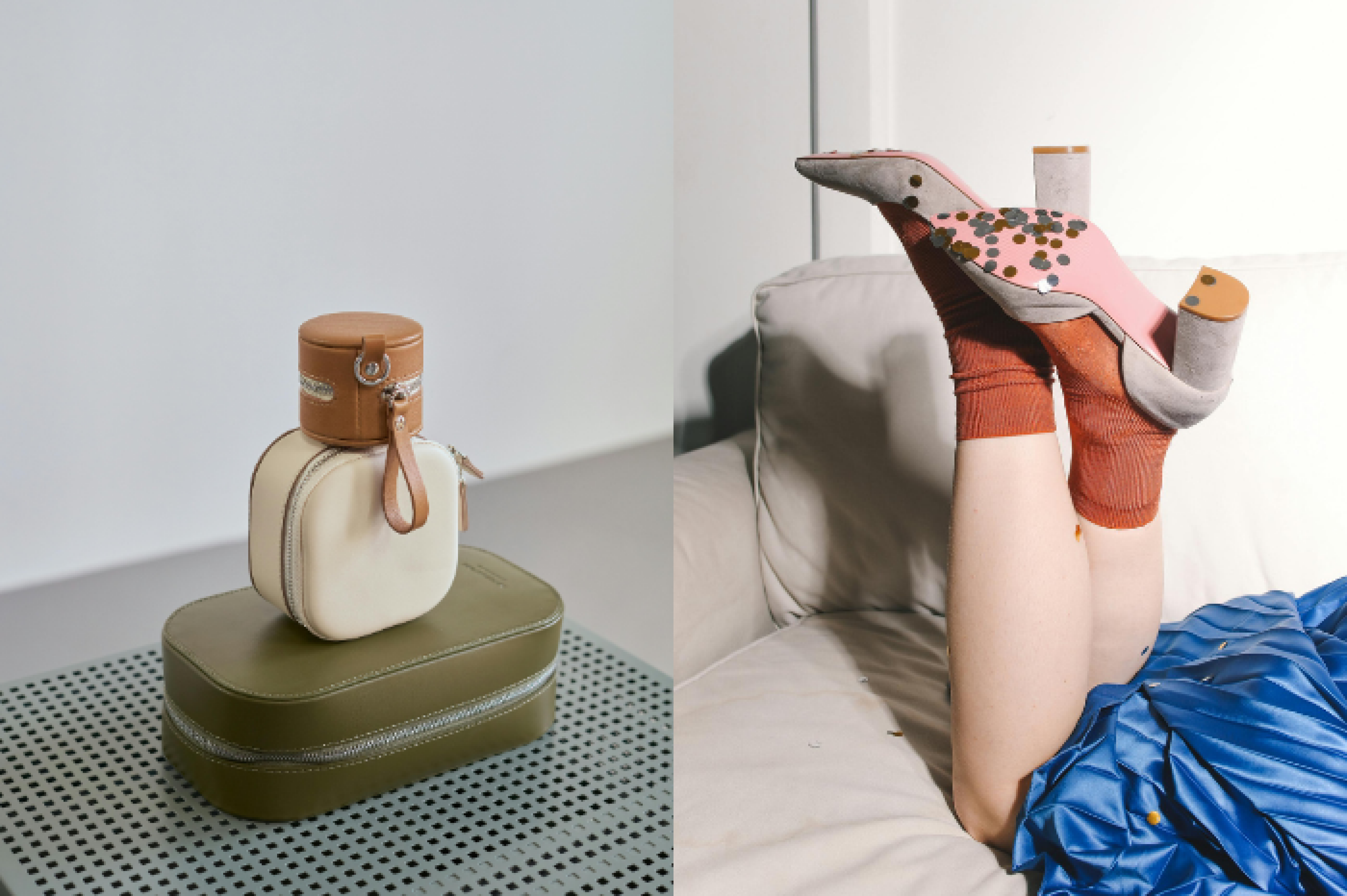 Two images feature side by side. To the left, three leather zipped bags and pouches are piled on top of one another: olive green to the bottom, then cream, then a smaller round tan purse. To the right, a picture of a woman's blue pleated skirt and feet are seen resting on a beige sofa. She wears grey high heels, tan socks, and round metallic glittering confetti adorns her soles.